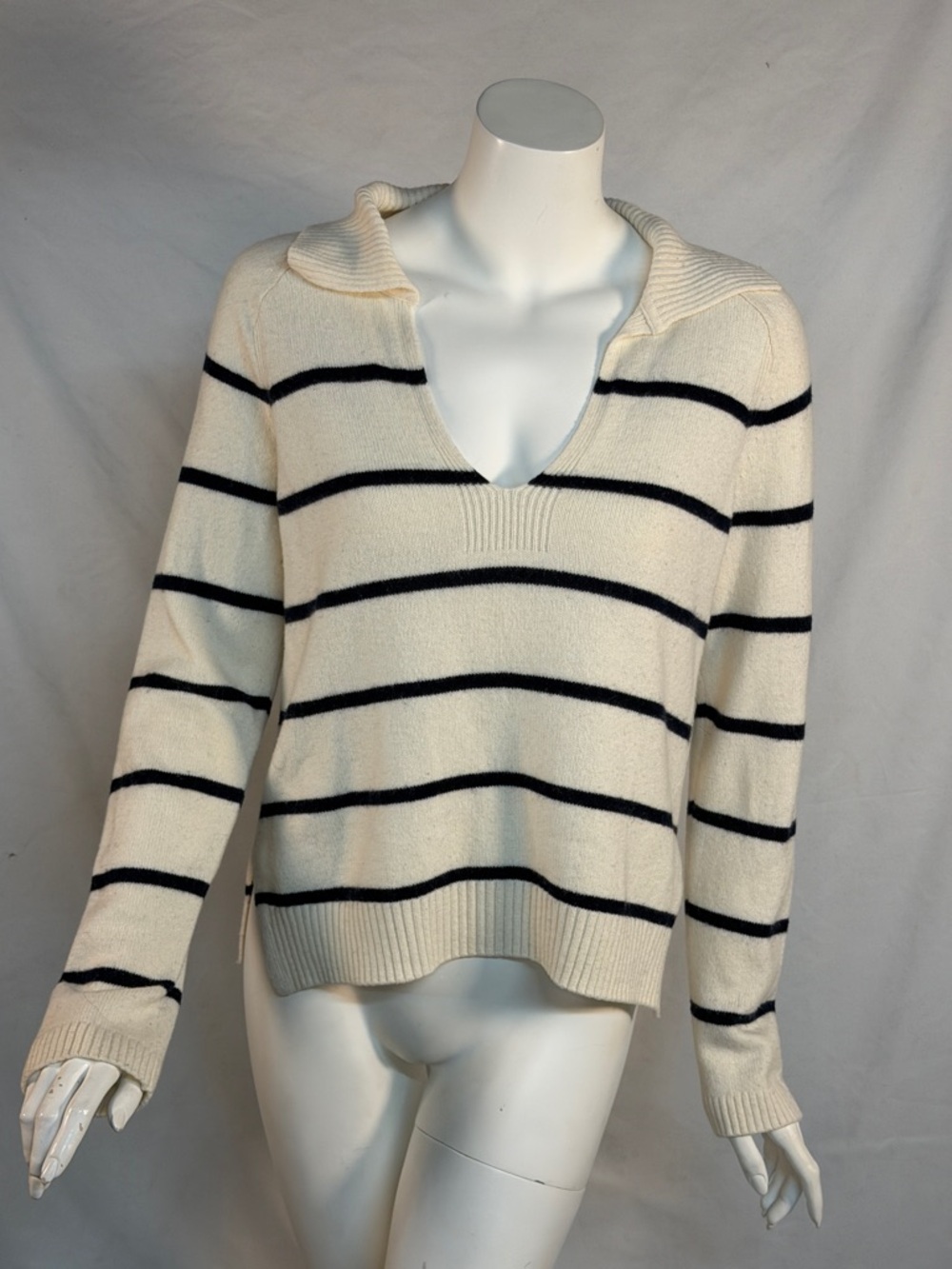 White + Warren Cream V-Neck Sweater with Navy Stripes